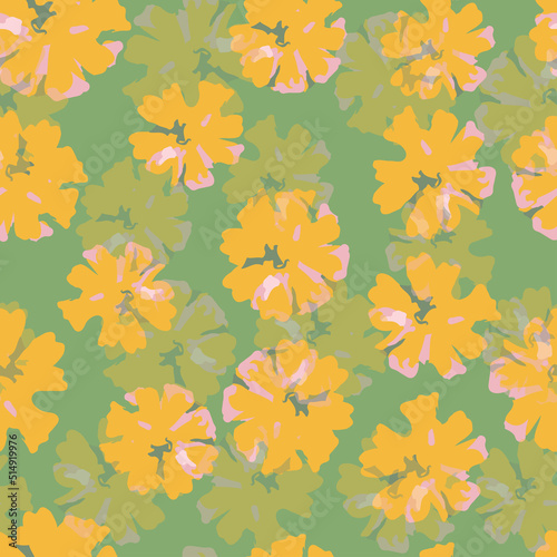 seamless abstract hand drawn flowers pattern on green background , greeting card or fabric