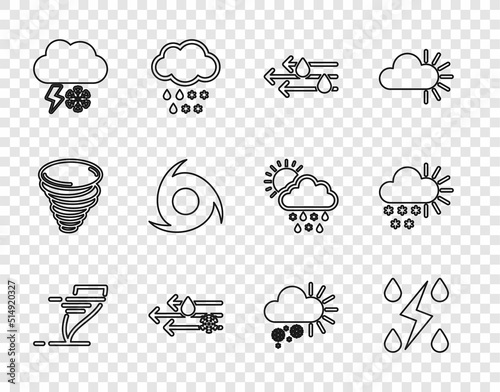 Set line Tornado, Storm, Wind and rain, with snow, Cloud lightning, Cloudy and icon. Vector