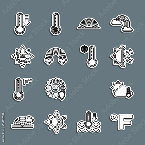 Set line Fahrenheit, Thermometer and cloud, sun, Sun snowflake, Rainbow, with heart, UV protection, Meteorology thermometer and icon. Vector