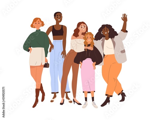 Diverse women portrait. Happy girls friends together. Woman group, community of different race, body, beauty. Sisterhood, solidarity concept. Flat vector illustration isolated on white background