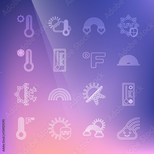 Set line Rainbow with cloud, Meteorology thermometer, heart, and Fahrenheit icon. Vector