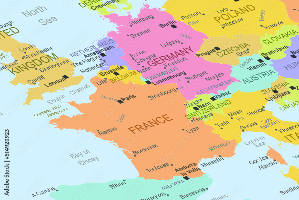 France in the middle of europe map, close up France, travel idea, destination, vacation concept, colorful map