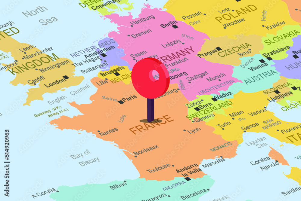 Obraz premium France with red location placeholder on europe map, close up France, colorful map with location icon, travel idea, vacation concept