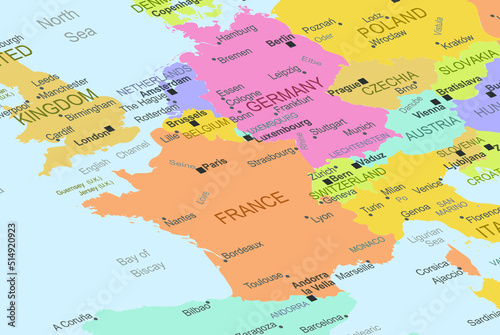 France in the middle of europe map, close up France, travel idea, destination, vacation concept, colorful map