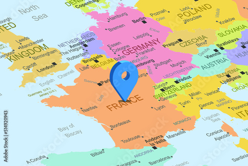 France with blue placeholder pin on europe map, close up France, colorful map with location icon, travel idea, vacation concept