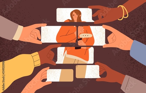 Person dependent on opinion, judge of people, negative comment in social media. Woman depending on criticism. Online influence, assault, digital bullying, psychology concept. Flat vector illustration