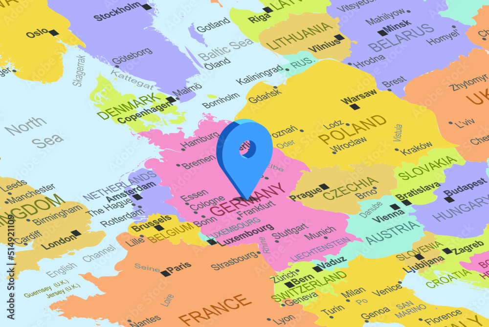 Obraz premium Germany with blue placeholder pin on europe map, close up Germany, colorful map with location icon, travel idea, vacation concept