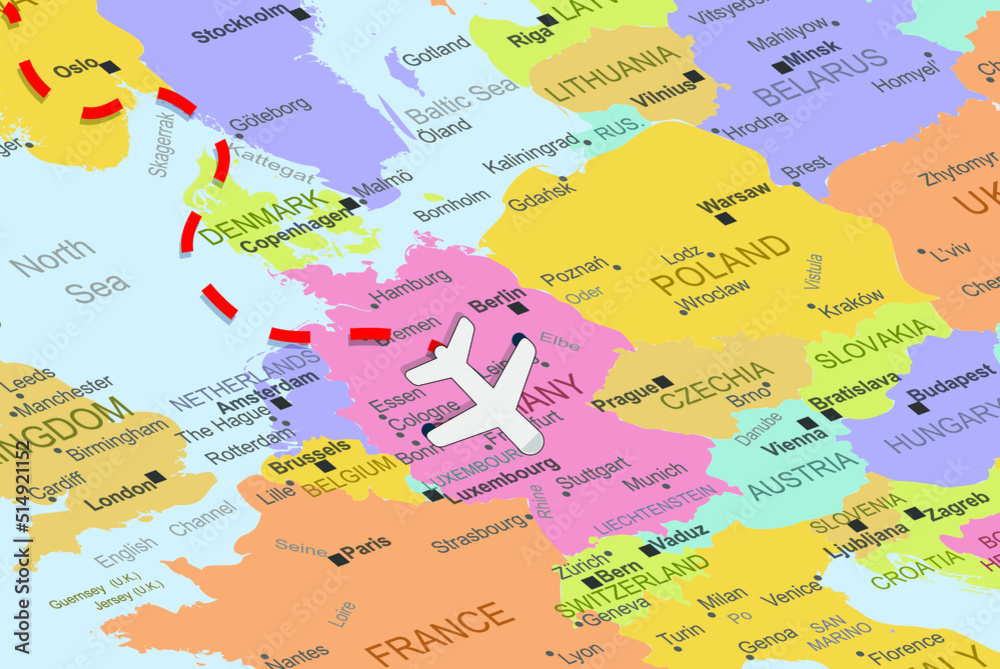 Germany with plane and dashed line on europe map, close up Germany, vacation concept, fly destination, travel idea, colorful map with plane icon