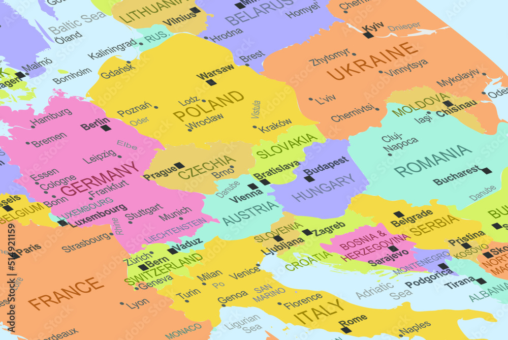 Austria in the middle of europe map, close up Austria, travel idea, destination, vacation concept, colorful map