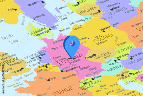 Germany with blue placeholder pin on europe map, close up Germany, colorful map with location icon, travel idea, vacation concept