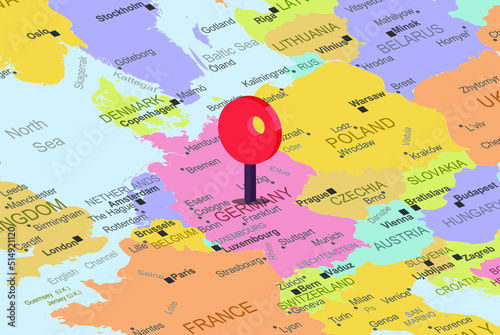 Germany with red location placeholder on europe map, close up Germany, colorful map with location icon, travel idea, vacation concept
