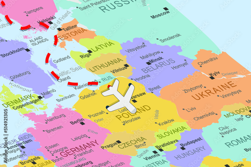 Poland with plane and dashed line on europe map, close up Poland, vacation concept, fly destination, travel idea, colorful map with plane icon