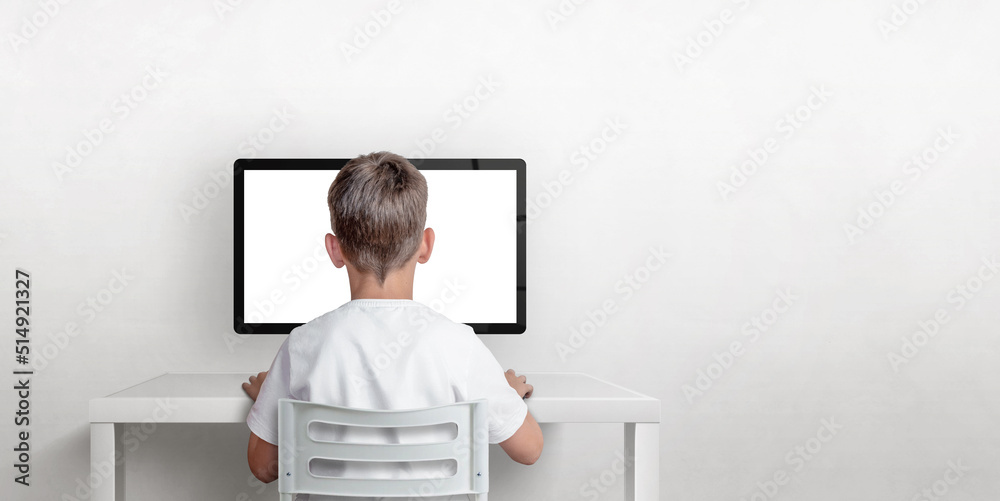 Boy is working on the computer, his back is turned. Isolated computer display for mockup. Copy space on the wall. The concept of working and learning on the computer