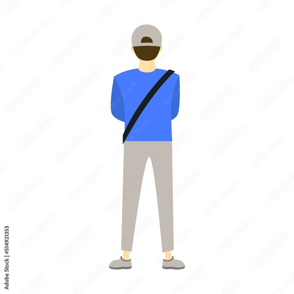 Back view postman vector illustration. Men standing, waving, watching concert or show from behind isolated on white Back view postman vector illustration. Men standing, waving, watching concert or show from behind isolated on white