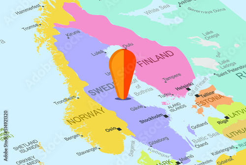 Sweden with orange placeholder pin on europe map, close up Sweden, vacation concept, travel idea, colorful map with location icon