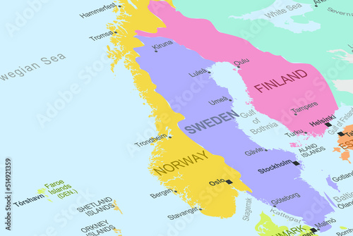 Norway in the middle of europe map, close up Norway, travel idea, destination, vacation concept, colorful map