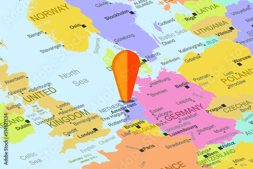 Netherlands with orange placeholder pin on europe map, close up Netherlands, vacation concept, travel idea, colorful map with location icon
