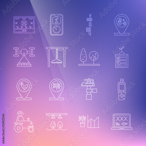 Set line Genetic engineering modification, Portable sensor, Smart farming technology, Standalone, Automatic irrigation sprinklers, with drone, and Trees icon. Vector