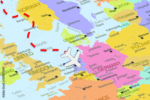 Netherlands with plane and dashed line on europe map, close up Netherlands, vacation concept, fly destination, travel idea, colorful map with plane icon