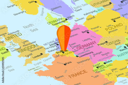 Belgium with orange placeholder pin on europe map, close up Belgium, vacation concept, travel idea, colorful map with location icon