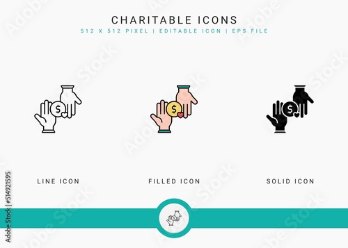 Charitable icons set vector illustration with solid icon line style. Charity help care concept. Editable stroke icon on isolated background for web design, user interface, and mobile app
