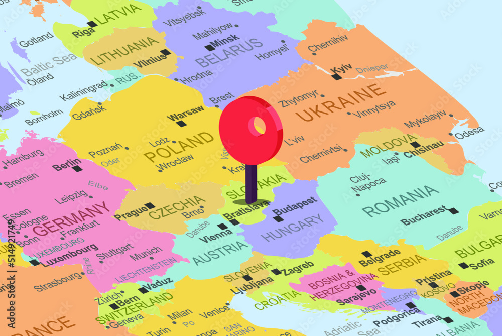 Naklejka premium Slovakia with red location placeholder on europe map, close up Slovakia, colorful map with location icon, travel idea, vacation concept