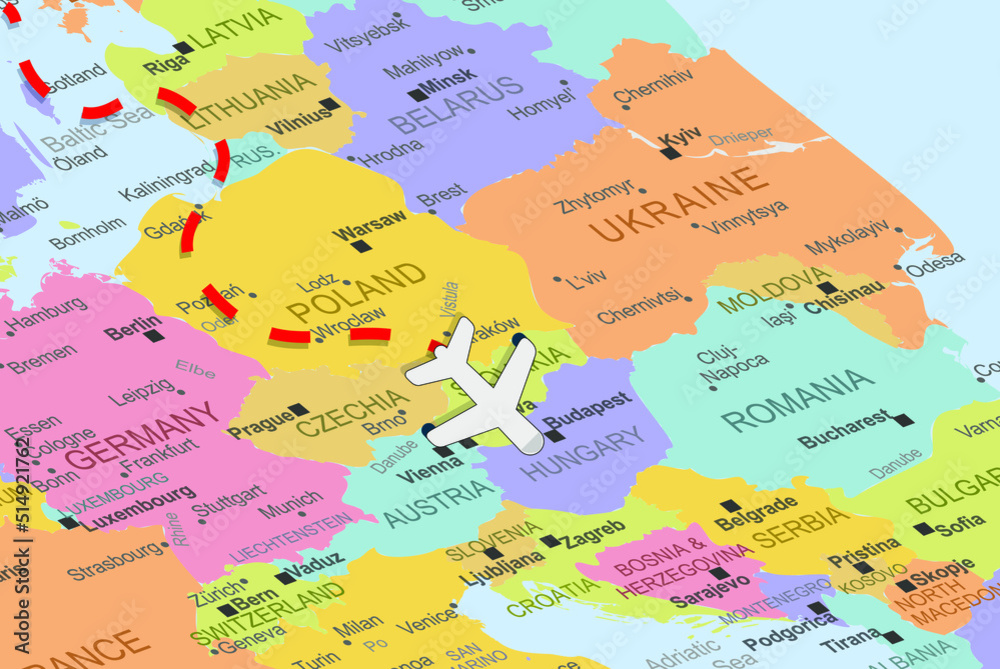 Slovakia with plane and dashed line on europe map, close up Slovakia, vacation concept, fly destination, travel idea, colorful map with plane icon