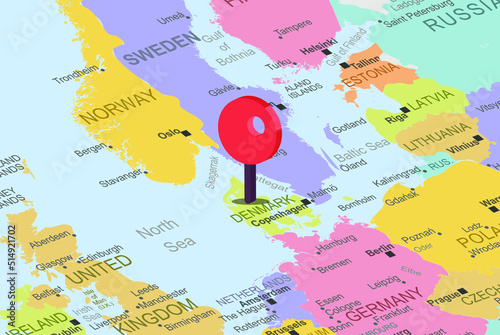 Denmark with red location placeholder on europe map, close up Denmark, colorful map with location icon, travel idea, vacation concept