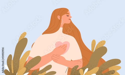 Woman with hand on kind heart, feeling self love, bliss, harmony, positive emotion. Happy calm peaceful girl volunteer. Care, humanity, selfhelp and peace concept. Colored flat vector illustration