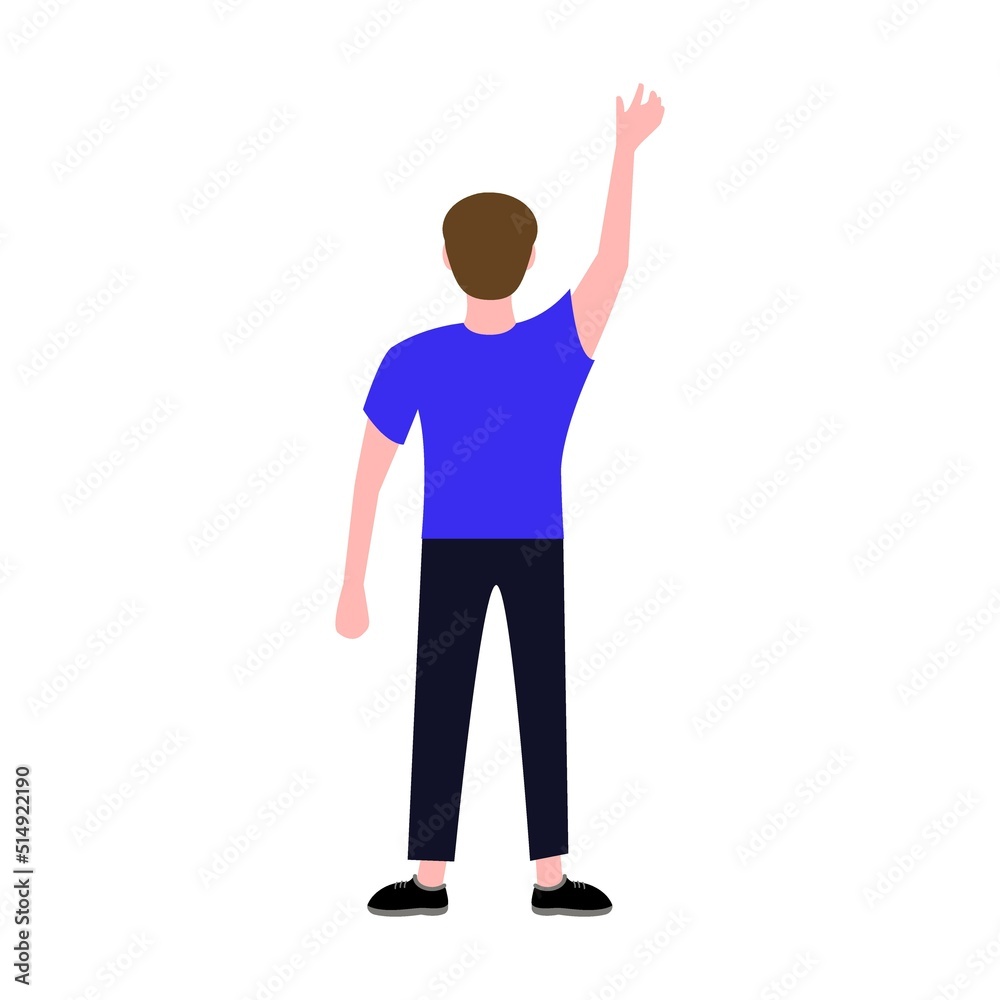 Back view young boy in casual clothes vector illustration. Men standing, waving, watching concert or show from behind isolated on white Back view young boy in casual clothes vector illustration. Men standing, waving, watching concert or show from behind isolated on white