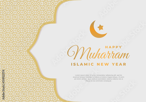 Islamic new year, happy muharram festival greeting card background. With golden text lettering, crescent, star and golden islamic ornament on grey background.