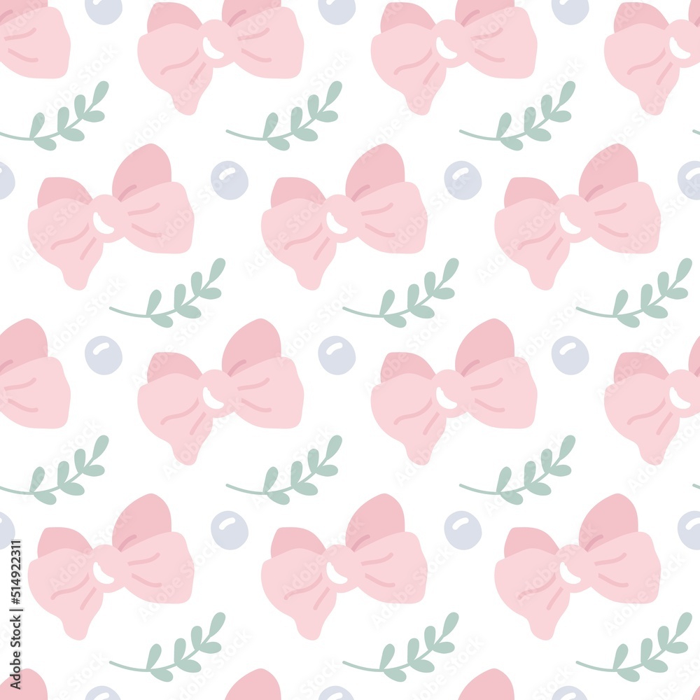 Baby girl seamless pattern. Cute pink bows, beads and green branches. Simple nursery girly background. Fashion decorative scandinavian vector print