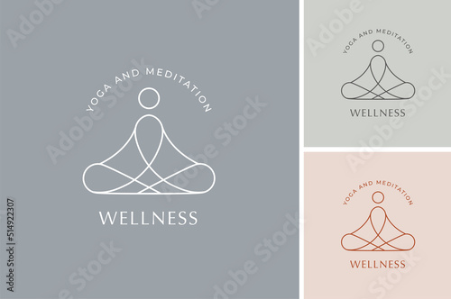 Collection of Yoga, Zen and Meditation logos, linear icons and elements. Bohemian style minimalist illustrations in pastel colors