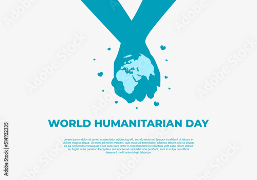 Happy world humanitarian international day banner poster with blue globe and hand hold hand, love symbol on white background.