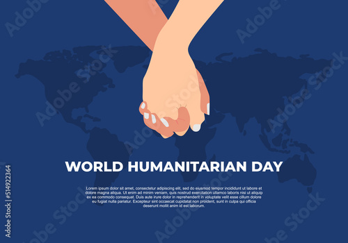 Happy world humanitarian international day banner poster with earth map and hand hold hand on blue background.