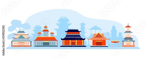 Chinese japanese buildings, temple and gates landscape. Tree, volcano and chinatown. Asia travel banner, oriental houses vector abstract background