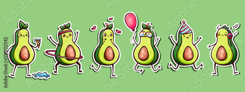 Hand drawn sticker set of cute kawaii avocados in doodle style. Cute avocado stickers, icons, mascots and logos.