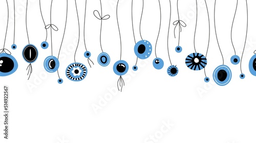 Hanging evil eye amulets seamless pattern. Greek mystic protection mascots. Blue black eye pendant turkish style. Fashion vector border print