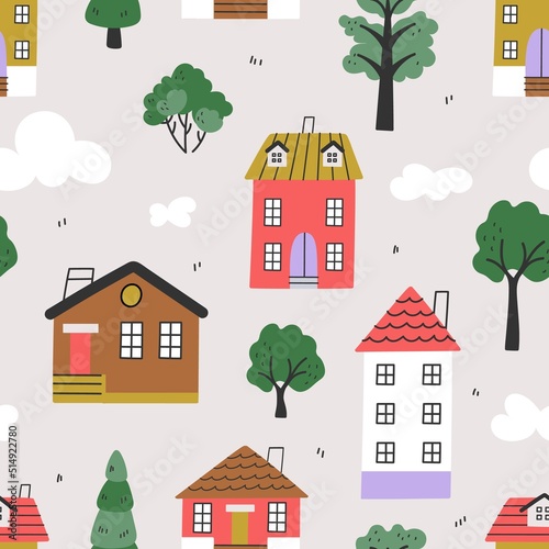 Scandinavian houses seamless pattern. Cute doodle childish buildings in forest and clouds. Trendy scandi fabric print, decorative vector background