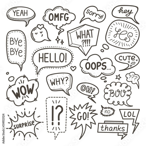 Doodle speech bubble. Cartoon comic shapes for text, cloud and explosion dialog element. Conversation stickers, hello hey marks neoteric vector kit