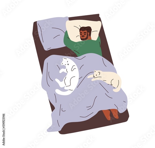 Black man sleeping in bed with cute cats. Person asleep alone, lying on belly. Guy dreaming on pillow under blanket, relaxing with pets. Flat graphic vector illustration isolated on white background