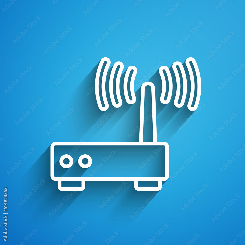 White line Router and wi-fi signal icon isolated on blue background. Wireless ethernet modem router. Computer technology internet. Long shadow. Vector White line Router and wi-fi signal icon isolated on blue background. Wireless ethernet modem router. Computer technology internet. Long shadow. Vector