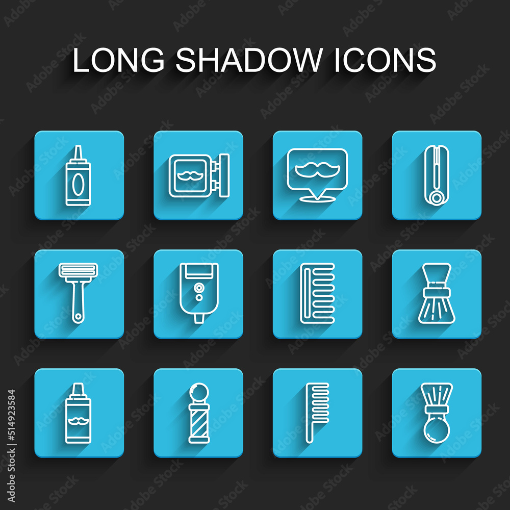 Set line Shaving gel foam, Classic Barber shop pole, Bottle of shampoo, Hairbrush, Electric razor blade for men, and icon. Vector Set line Shaving gel foam, Classic Barber shop pole, Bottle of shampoo, Hairbrush, Electric razor blade for men, and icon. Vector