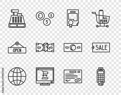 Set line Worldwide, Certificate template, Shopping cart on computer, Cash register machine, Crumpled paper money cash, Warranty certificate and Price tag text Sale icon. Vector