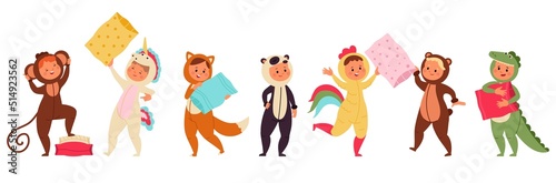 Pajama party. Children wear pajamas, animal costumes suits. Festival kids with pillows, sleep funny characters. Isolated happy friends decent vector set © MicroOne