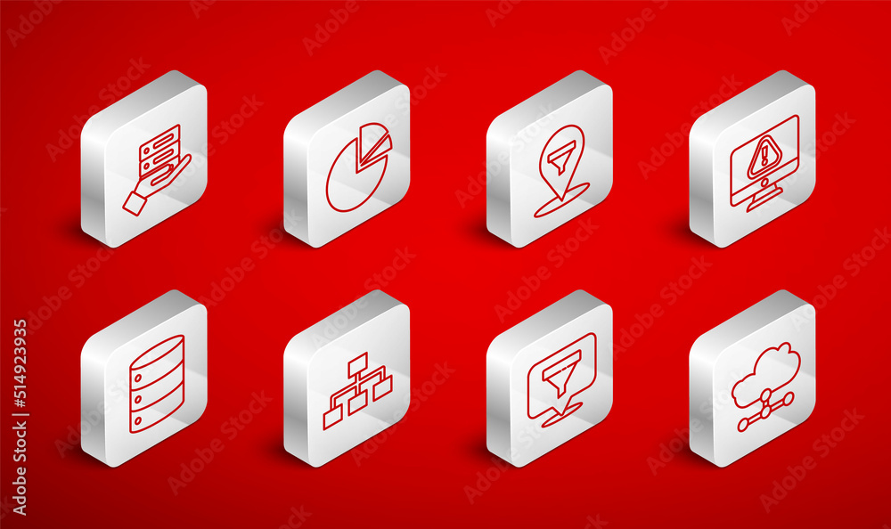 Set line Network cloud connection, Pie chart infographic, Location with sales funnel, Monitor exclamation mark, Server, Data, Web Hosting, Hierarchy organogram and icon. Vector Set line Network cloud connection, Pie chart infographic, Location with sales funnel, Monitor exclamation mark, Server, Data, Web Hosting, Hierarchy organogram and icon. Vector