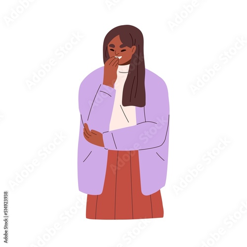 Black woman laughing, giggling from funny joke, covering mouth with hand. Shy laughter, fun of office worker with happy face expression. Flat vector illustration isolated on white background