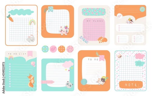 Notepads template. Page list notes organizing, notepad diary for kids used. Cute planner design with stickers, blank memo pad or nowaday notebook vector set