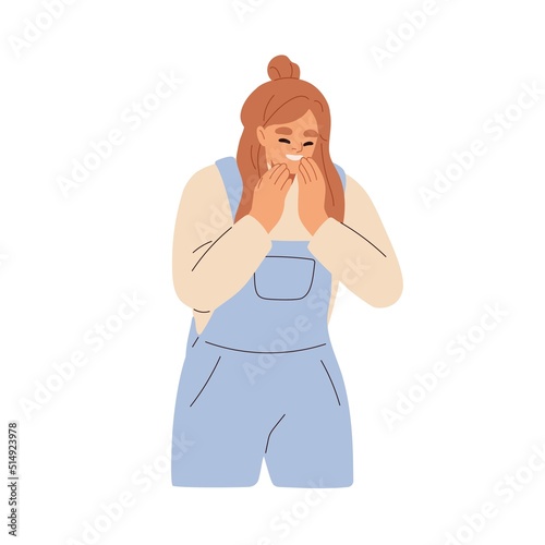 Laughing giggling woman, covering mouth with hand palms. Happy smiling girl with positive face expression. Females reaction on funny joke, fun. Flat vector illustration isolated on white background
