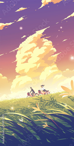 high school students cycling bicycles down the hill under the bright blue sky